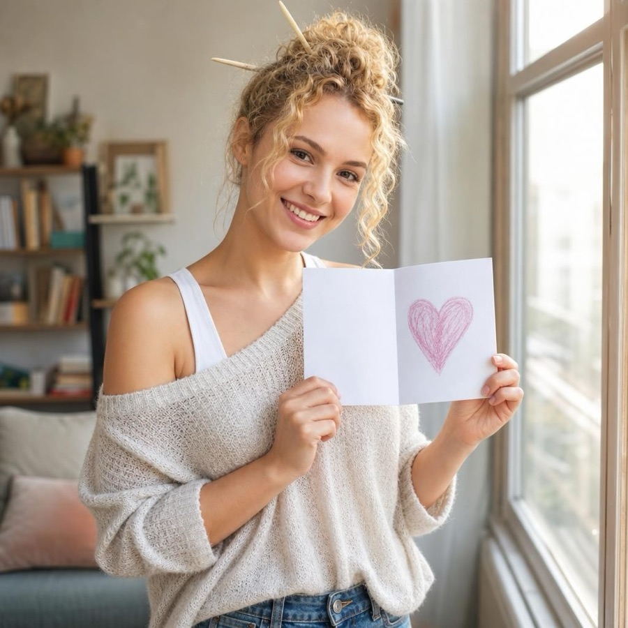 Anna holding up a handwritten card with a heart drawn inside