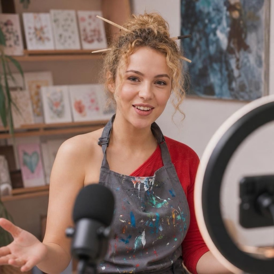 Anna recording a video, talking through card wording tips